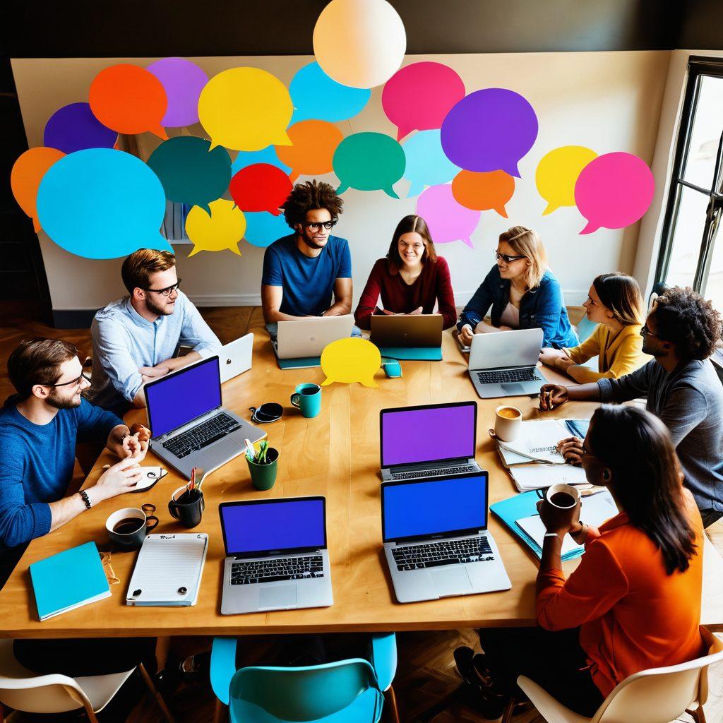 A diverse group of bloggers, representing various backgrounds, gathered around a large vibrant table filled with laptops, notebooks, and coffee cups, actively discussing ideas and sharing tips. Surrounding them are colorful speech bubbles showcasing different blog topics, creating a sense of community and collaboration. A warm, inviting atmosphere with natural light streaming in. super-realistic. vibrant colors. 3D.