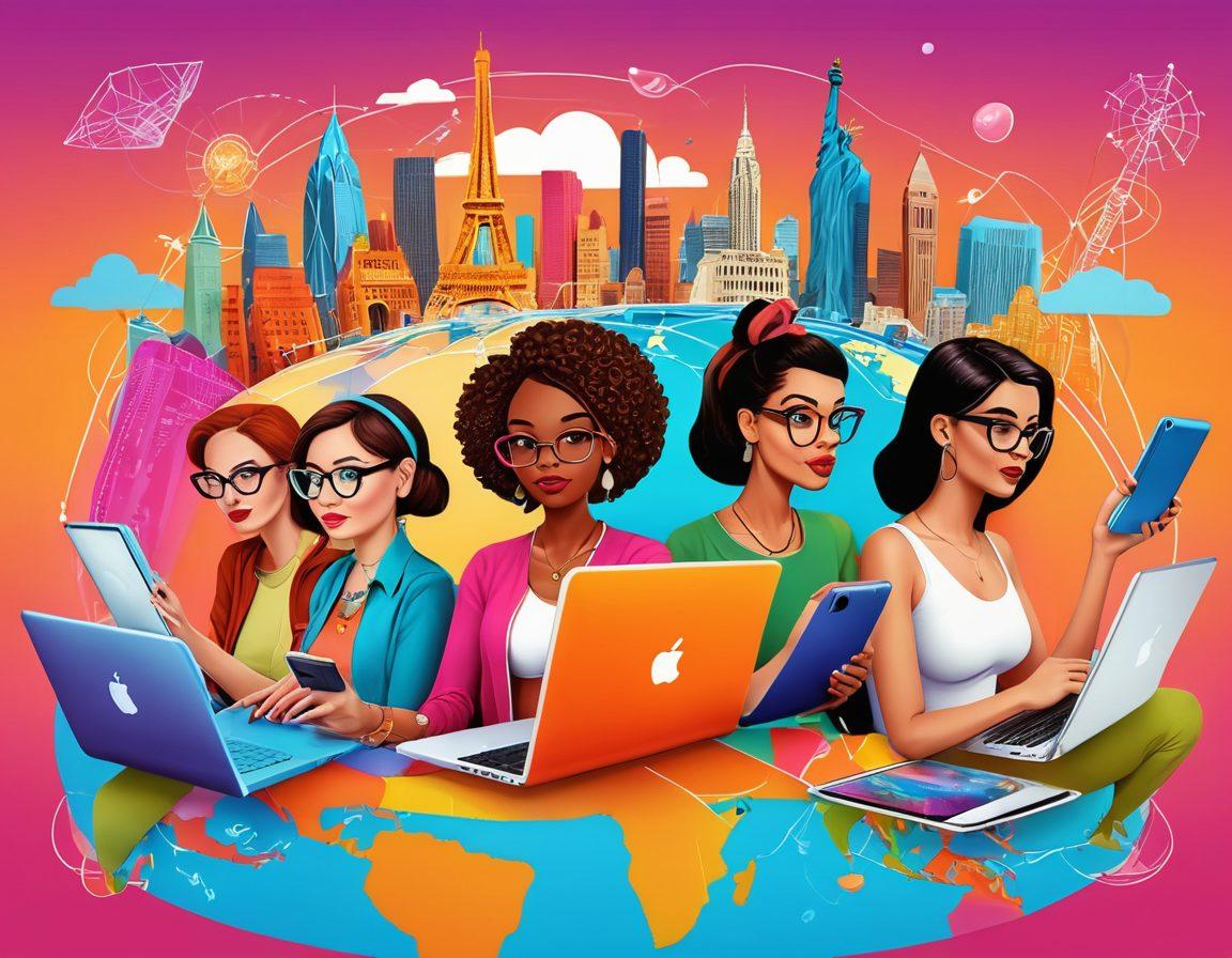 A whimsical illustration of a diverse group of bloggers navigating a colorful, interconnected web of digital devices, each showcasing unique blog themes like travel, food, and fashion. The background features a skyline of iconic landmarks representing a global blogging community. Bright and engaging colors to draw attention to the journey of blogging. cartoon style. vibrant colors. 3D effect.