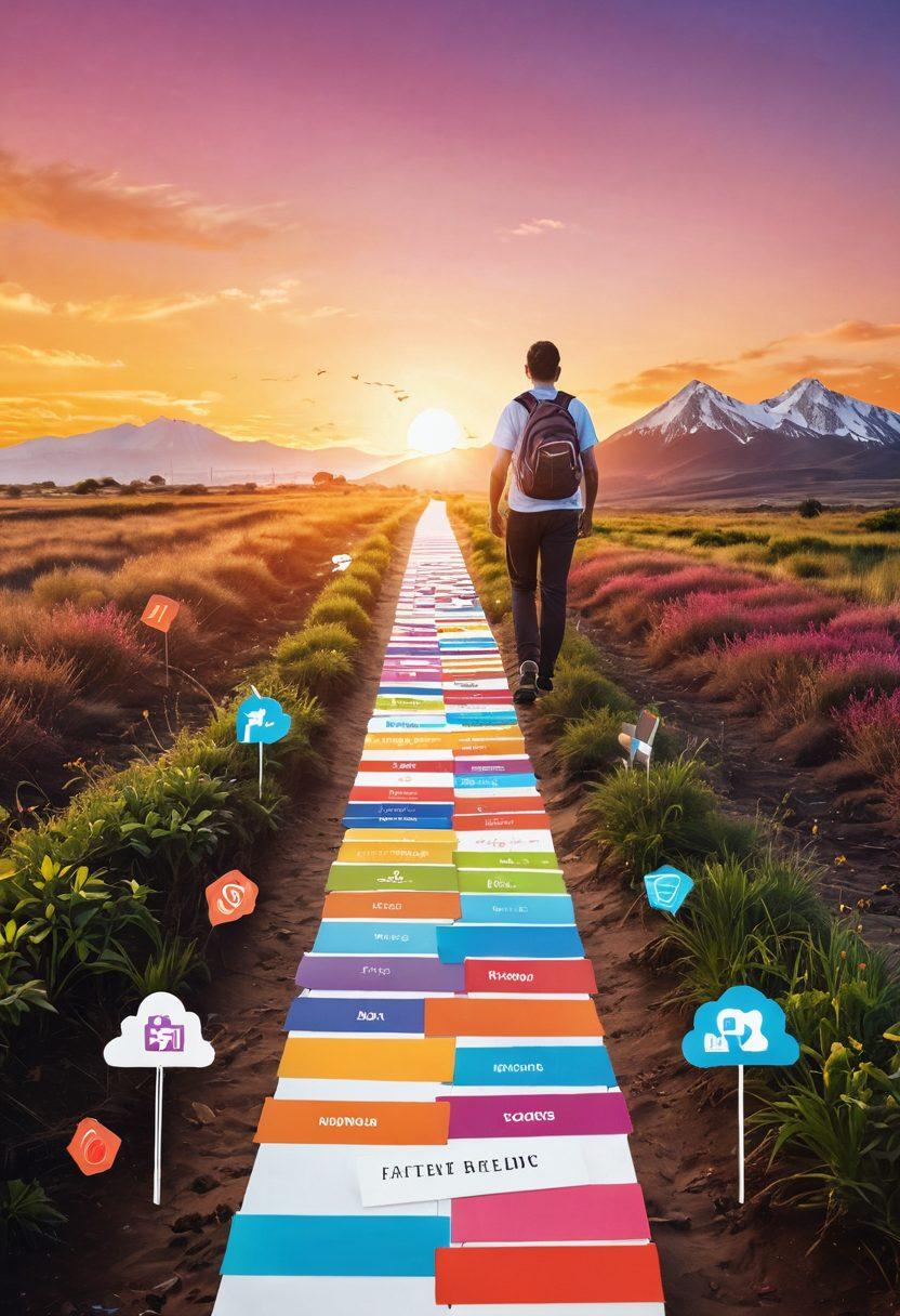 A vibrant pathway leading through a digital landscape filled with blog-related icons like tutorial books, trend graphs, and social media symbols. The background features a sunrise to symbolize new beginnings in blogging, with a figure confidently walking towards the horizon, representing growth and success. The color palette is bright and inspiring, inviting creativity. super-realistic. vibrant colors. white background.